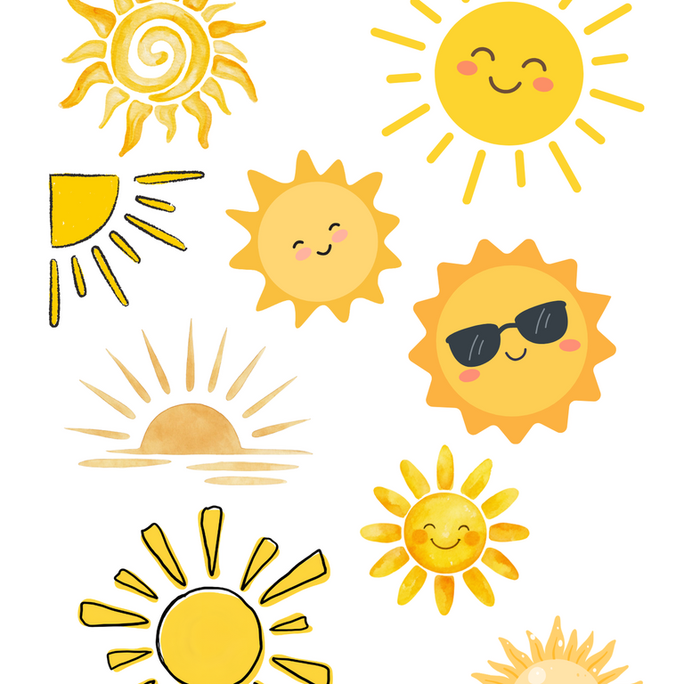 A sheet of themed planner stickers featuring various cute cartoon sun illustrations in shades of yellow, gold, and orange on a white background. The top header reads 'THEMED PLANNER STICKERS' with 'Sun' written below.