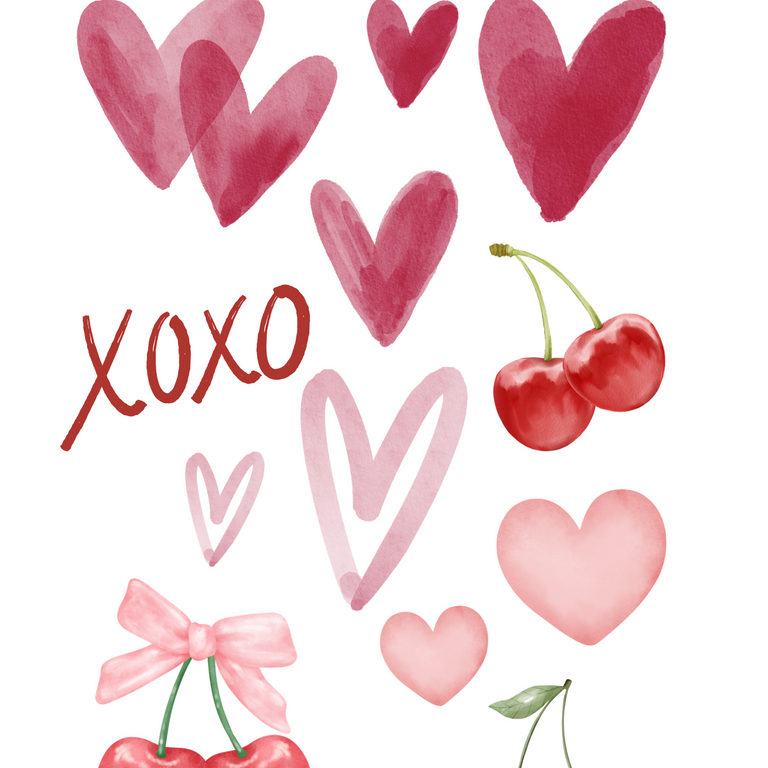 A sheet of themed planner stickers featuring watercolor hearts and cherries in shades of pink, red, and rose gold, with 'XOXO' written in script. The top header reads 'THEMED PLANNER STICKERS Cherries & Hearts'.