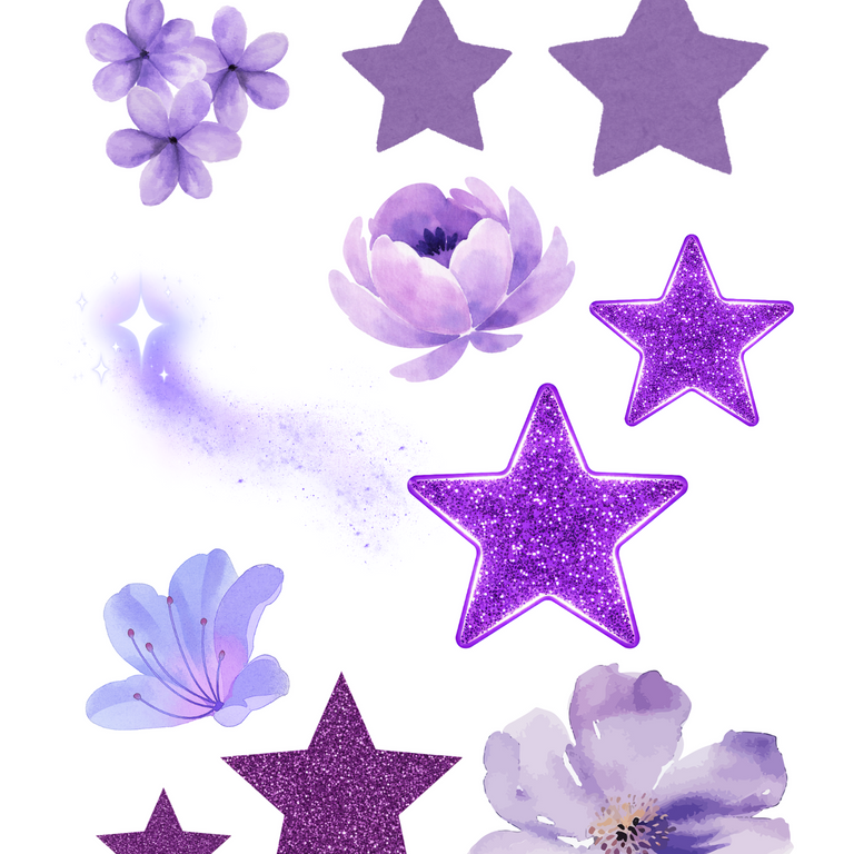 A sheet of themed planner stickers featuring purple and lavender stars and floral designs, with the text 'THEMED PLANNER STICKERS' and 'Stars & Petals' at the top on a white background.