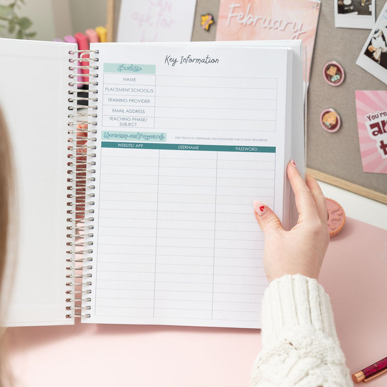 Person holding a planner with a decorative background featuring photos and notes.