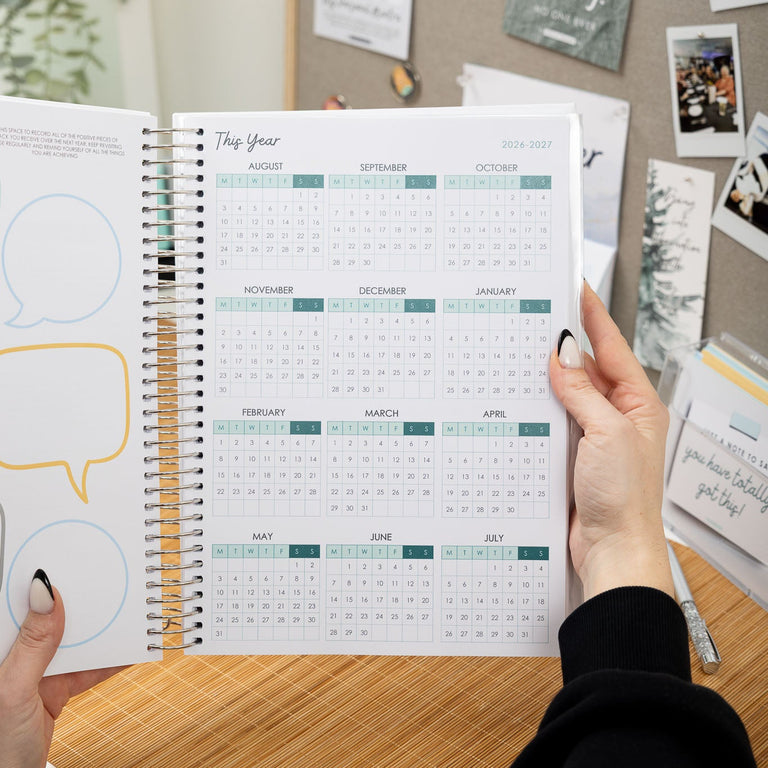 Person holding a spiral-bound planner on a desk with photos and notes in the background