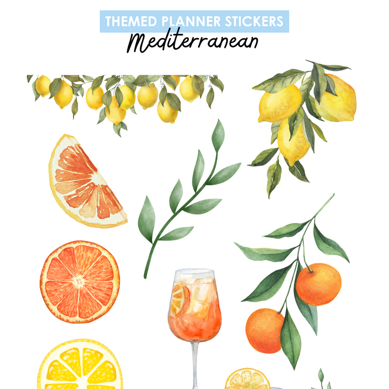 Mediterranean themed planner stickers featuring watercolor illustrations of lemons, oranges, grapefruit slices, green leaves, and two orange cocktails on a white background.