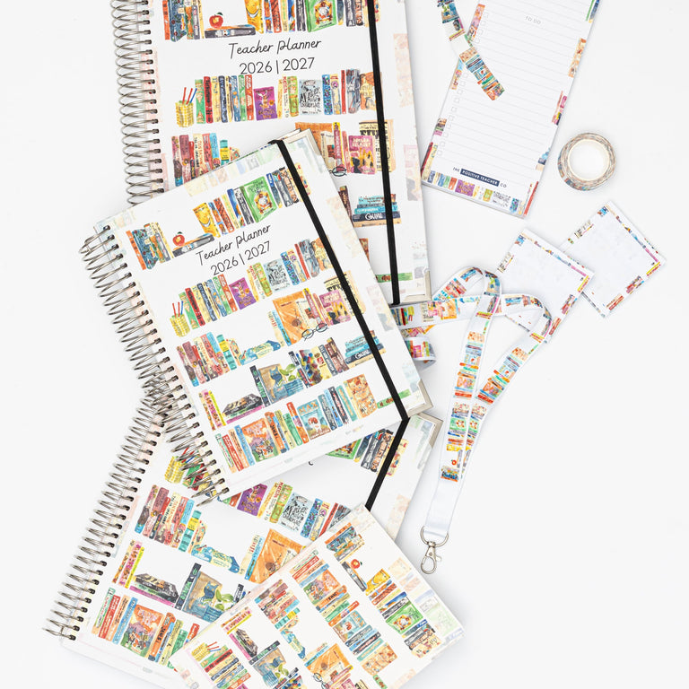 Teacher planner with colorful design on a white background