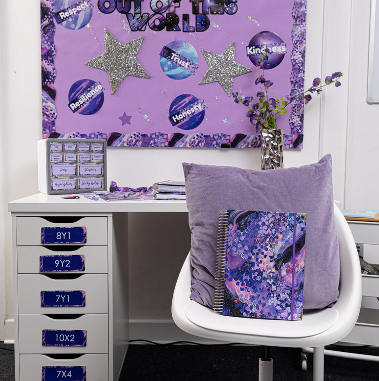 Decorative classroom wall with motivational quote, desk, and chair.