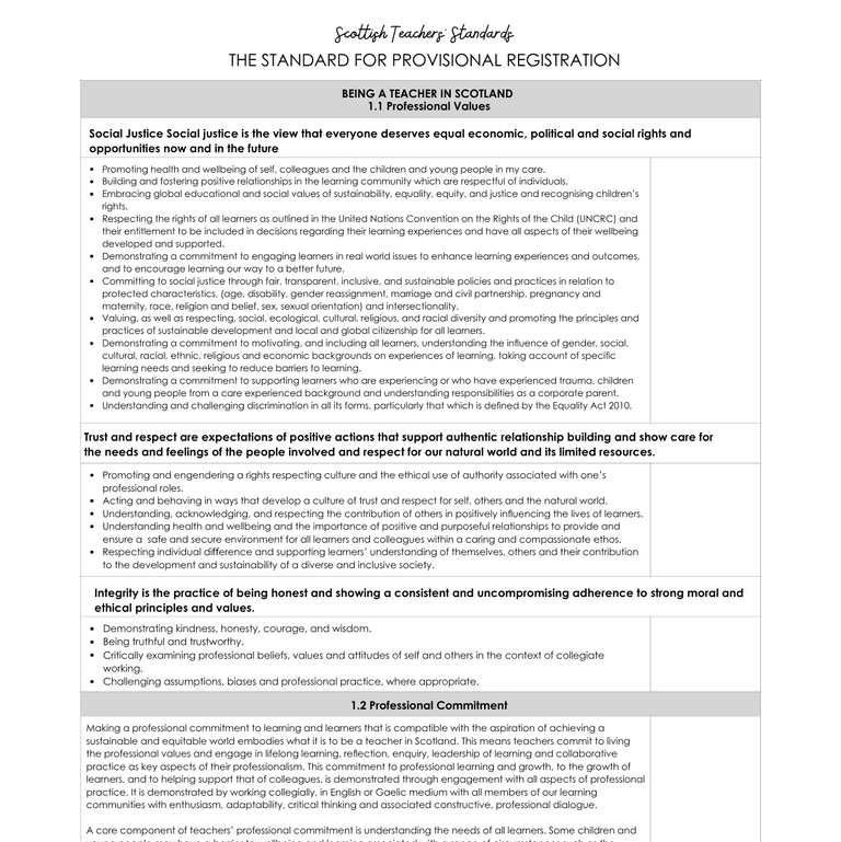 Document page from 'The Positive Teacher Co.' on Scottish Teachers' Standard for Provisional Registration